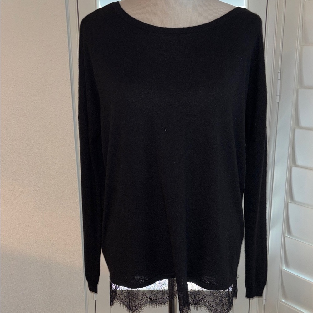 Joie Black Scoop Neck Sweater with Lace Hem - XS